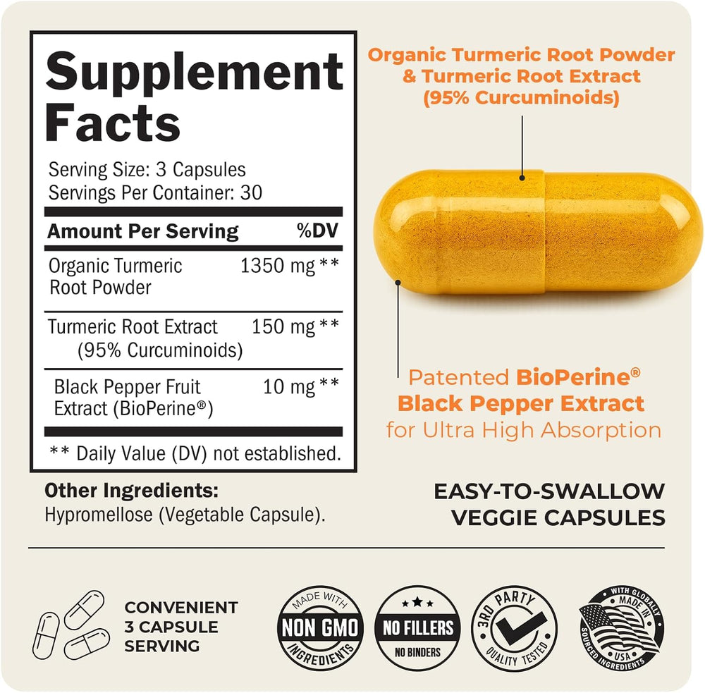 BioSchwartz Ultra Premium Turmeric Curcumin with BioPerine 1500mg - 90 Veggie Capsules | High Absorption Formula | Organic Wellness Hub