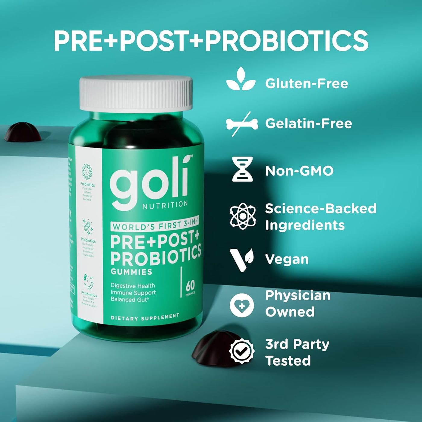 Goli Nutrition World's First 3-in-1 Pre+Post+Probiotics Gummies — 3-Pack Bundle (180 Gummies) | Lab Tested | Digestive Health, Immune Support & Balanced Gut Dietary Supplement