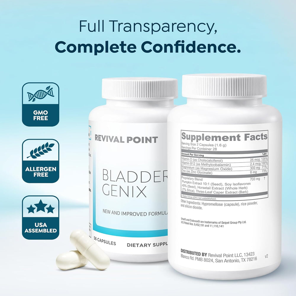 BladderGenix Capsules by Revival Point | New Formula | GMO Free | Allergen Free | Bladder Support Supplement | 56 Capsules | USA Assembled