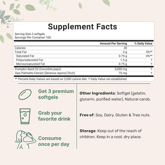 Micro Ingredients Pumpkin Seed Oil 3,000mg | 2-in-1 with Saw Palmetto | 300 Softgels | Cold Pressed | GMO Free | Lab Tested | Organic Wellness Hub