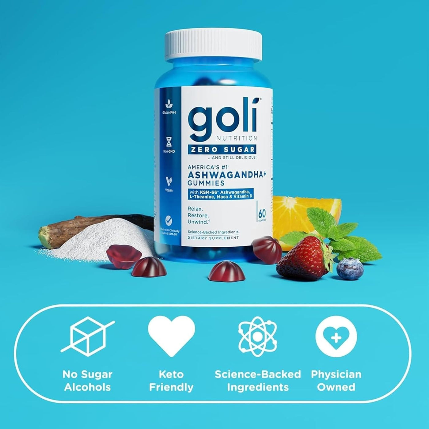 Goli Ashwagandha Plus Gummies Zero Sugar 3 Pack | 180 Gummies | Americas Number 1 | KSM 66 | L Theanine | Maca | Vitamin D | Relax Restore Unwind | Vegan Non GMO Gluten Free