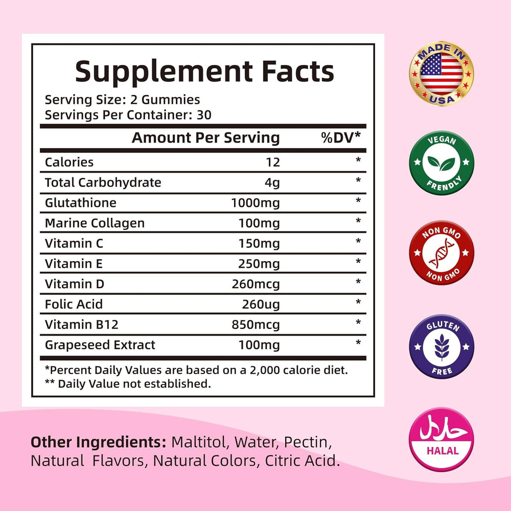Healoading Glutathione Gummies 1000mg | Antioxidant Skin Brightening Anti-Aging & Bone Health | Strawberry Flavor | 60 Gummies | Organic Wellness Hub