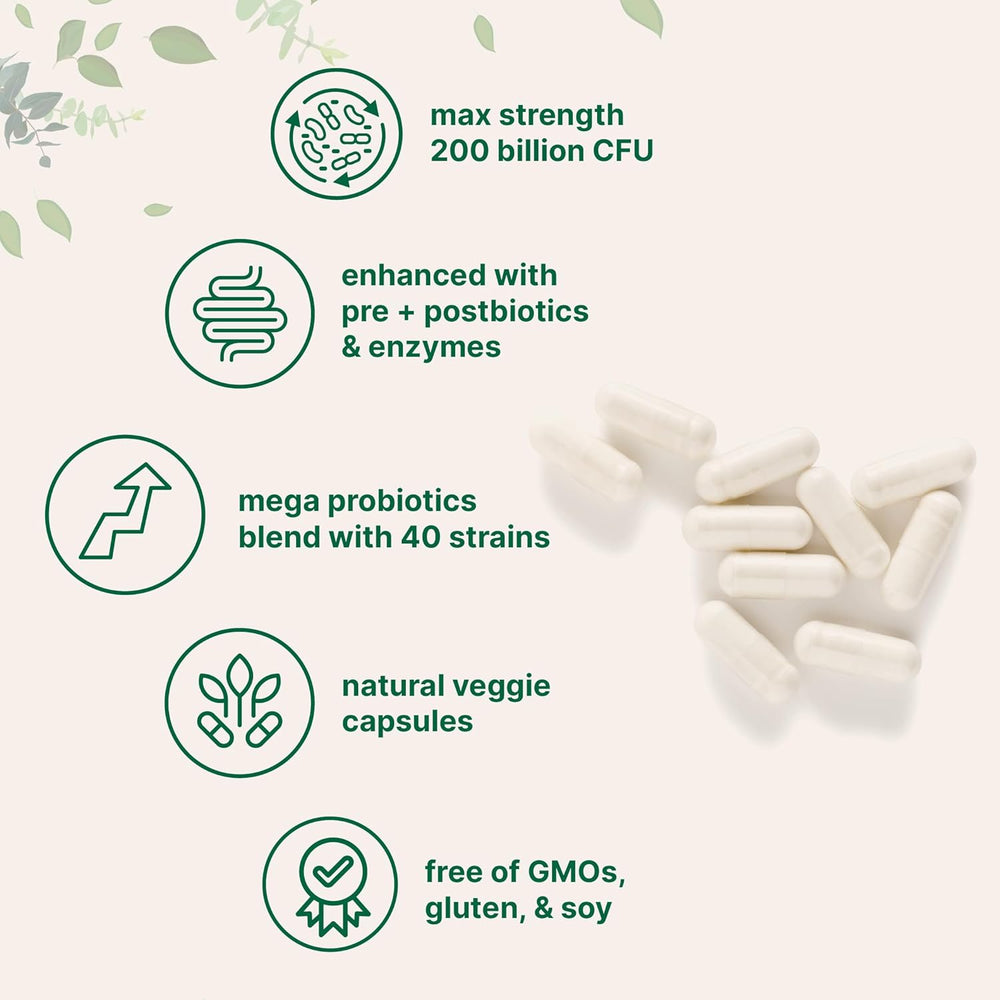 Mega Probiotics 200 Billion CFU - 40 Strains with Prebiotics, Postbiotics & Digestive Enzymes | 120 Vegetarian Capsules | Organic Wellness Hub