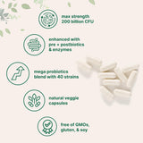 Mega Probiotics 200 Billion CFU - 40 Strains with Prebiotics, Postbiotics & Digestive Enzymes | 120 Vegetarian Capsules | Organic Wellness Hub