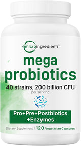 Mega Probiotics 200 Billion CFU - 40 Strains with Prebiotics, Postbiotics & Digestive Enzymes | 120 Vegetarian Capsules | Organic Wellness Hub