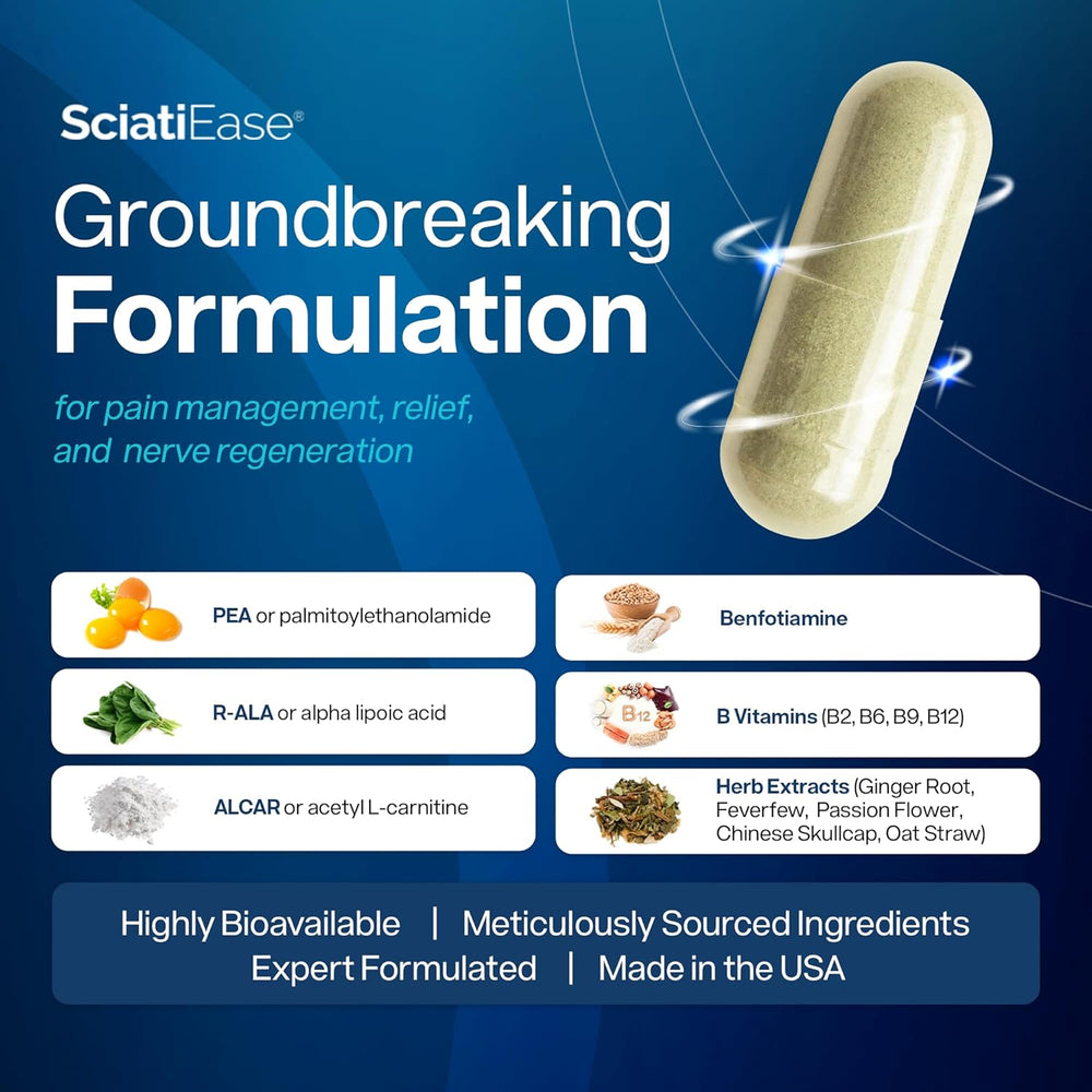 SciatiEase تركيبة العصب الوركي 3 عبوات | 360 كبسولة | تكفي لمدة 90 يومًا | مدعومة بتقنية AlphaPalm™ | 12 فيتامينًا وعشبًا مدعومًا بالأبحاث | تدعم الراحة وصحة الأعصاب والاستجابة للالتهابات