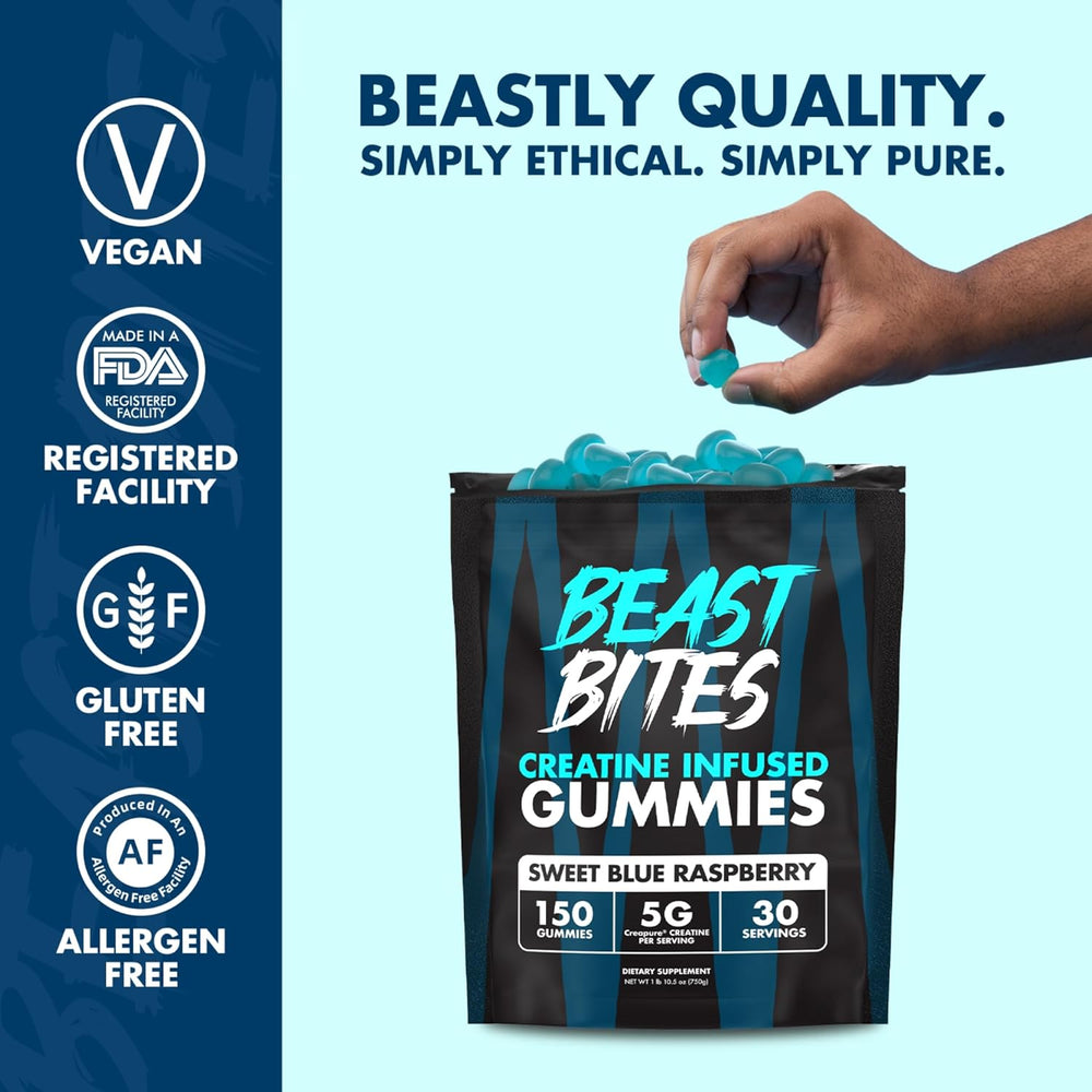 Beast Bites Creatine Infused Gummies — 5g Creapure® Per Serving | 150 Gummies | Sweet Blue Raspberry | Organic Wellness Hub