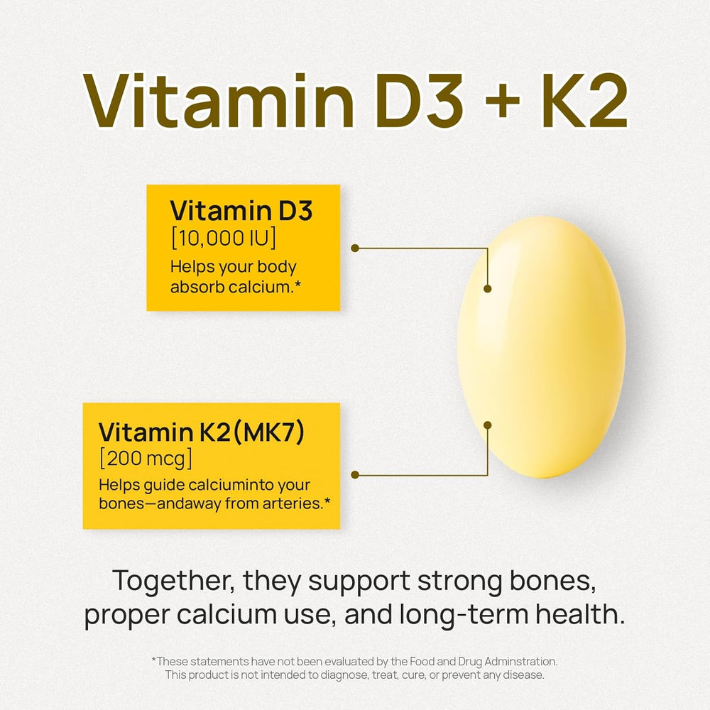 Selerb Vitamin D3 K2 Supplement — 10000 IU D3 + 200 mcg K2 MK7 with Coconut Oil | Bone Density, Immune Support | 120 Softgels
