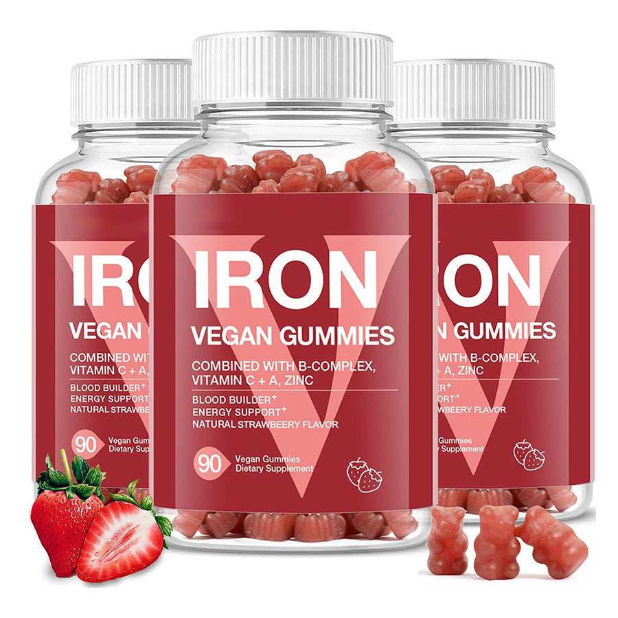 Iron Vegan Gummies with B-Complex, Vitamin C, A & Zinc - Blood Builder & Energy Support | Natural Strawberry Flavor | Organic Wellness Hub