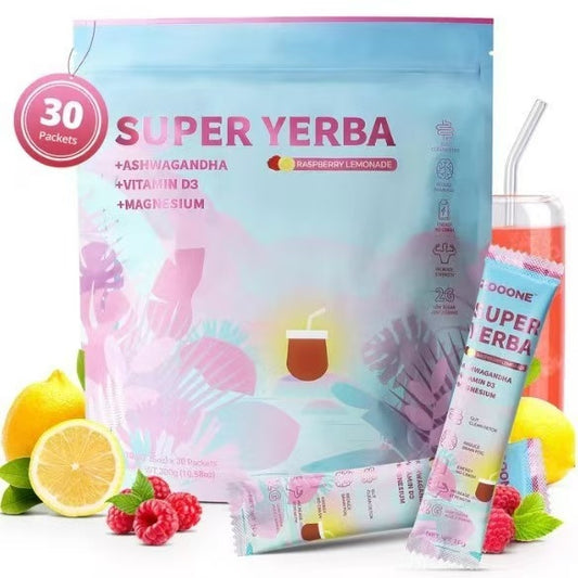 BOOONE Super Yerba Mate Drink Mix - Raspberry Lemonade | Ashwagandha, Vitamin D3 & Magnesium | Low Sugar Energy | 30 Single-Serve Packets | Natural Focus & Vitality Boost