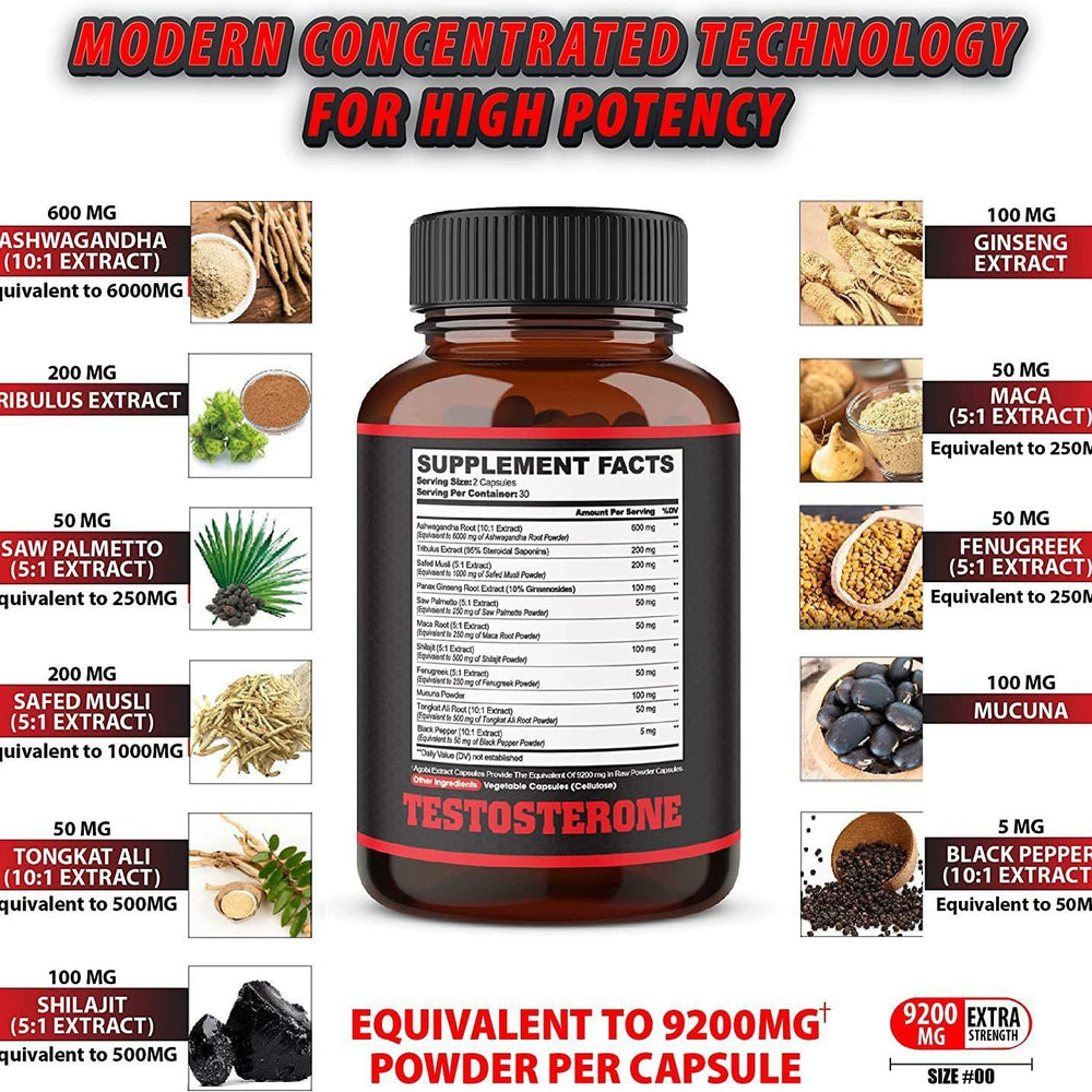 Testosterone Extra Strength Supplement | Energy, Stamina & Strength Support | Lab Tested | 60 Capsules | Organic Wellness Hub