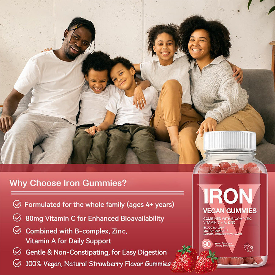Iron Vegan Gummies with B-Complex, Vitamin C, A & Zinc - Blood Builder & Energy Support | Natural Strawberry Flavor | Organic Wellness Hub