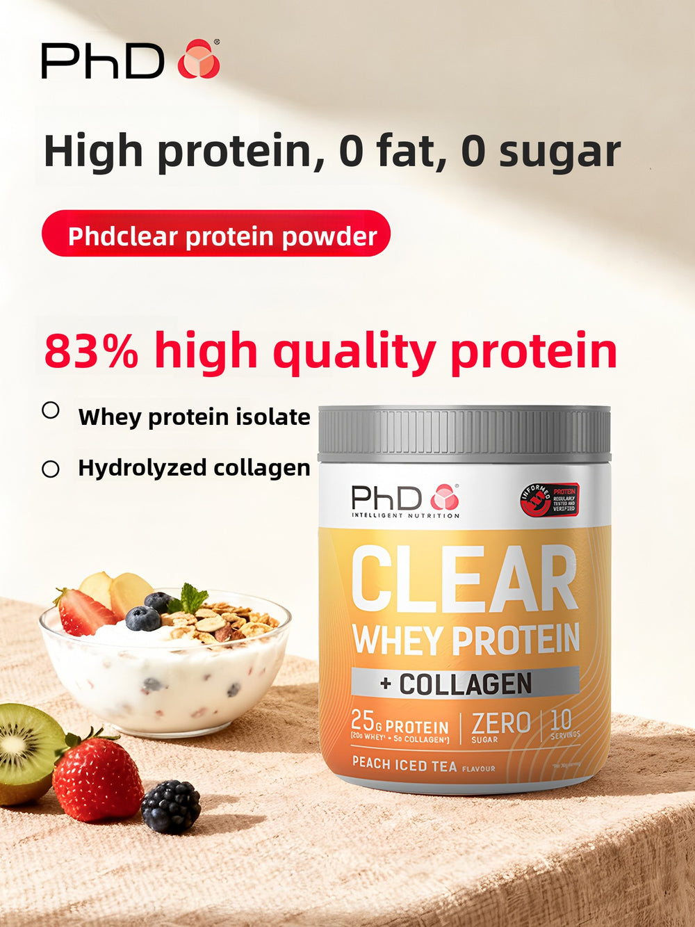PhD Clear Whey Protein + Collagen | Peach Iced Tea | 25g Protein, Zero Sugar | Informed Sport Tested | 10 Servings | Lab Tested | Organic Wellness Hub