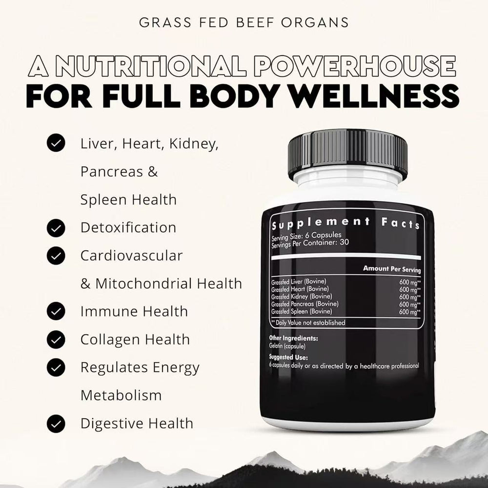 Organic Wellness Hub | Grassfed Beef Organs Capsules 180ct 500mg - Pasture Raised NZ & Australia, Non-GMO, Hormone-Free, No Fillers or Flow Agents