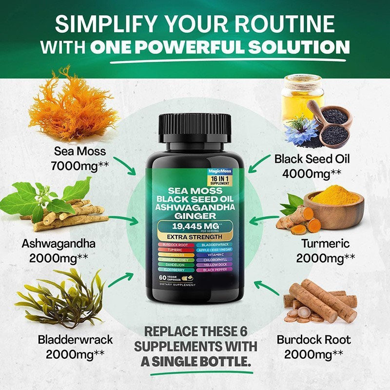 Sea Moss Black Seed Oil Ashwagandha Ginger Capsules 19,445mg - 16-in-1 Wellness Formula | Organic Wellness Hub