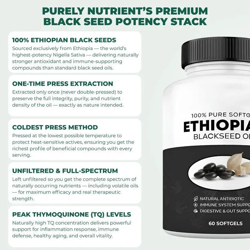 Ethiopian Black Seed Oil 100% Pure Softgels – Set of 3 (180 Softgels) | Natural Antibiotic, Immune & Gut Support | Lab Tested | Organic Wellness Hub