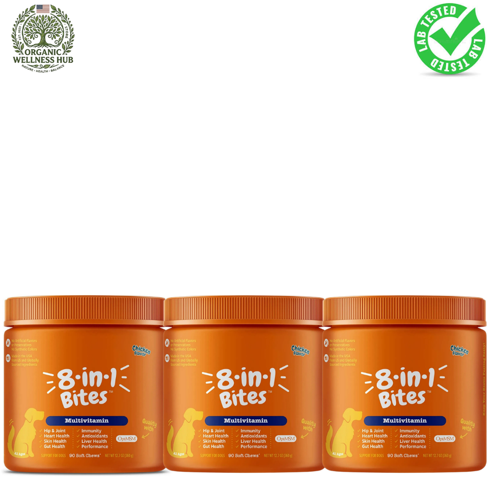 8-in-1 Bites Dog Multivitamin 3-Pack Bundle | 270 Soft Chews | Hip, Heart & Immunity Support | Organic Wellness Hub