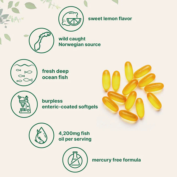 Triple Strength Omega-3 Fish Oil 4200mg | 1200mg EPA + 900mg DHA | Lemon Flavor Burpless Softgels 240 | Organic Wellness Hub