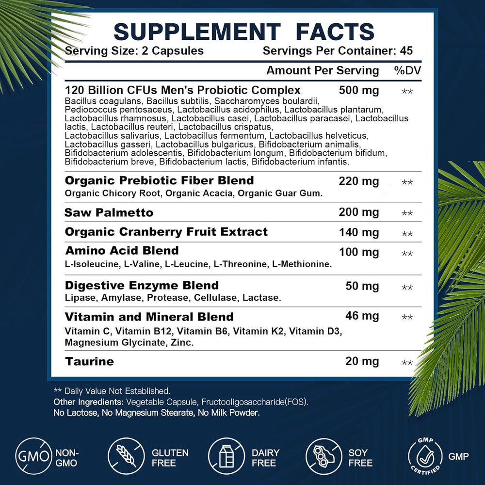 Men's Probiotics 120 Billion CFUs | 24 Strains | Prebiotics, Enzymes & Amino Acids | Digestive & Prostate Health | 90 Veggie Capsules