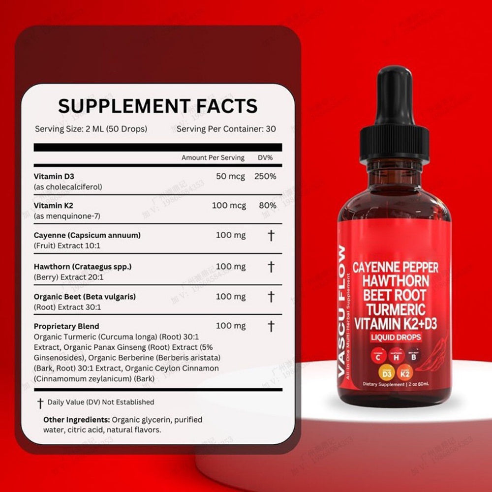 Vascu Flow Liquid Drops with Cayenne Pepper, Hawthorn, Beet Root, Turmeric & Vitamin K2+D3 | Cardiovascular Wellness Support | Organic Wellness Hub