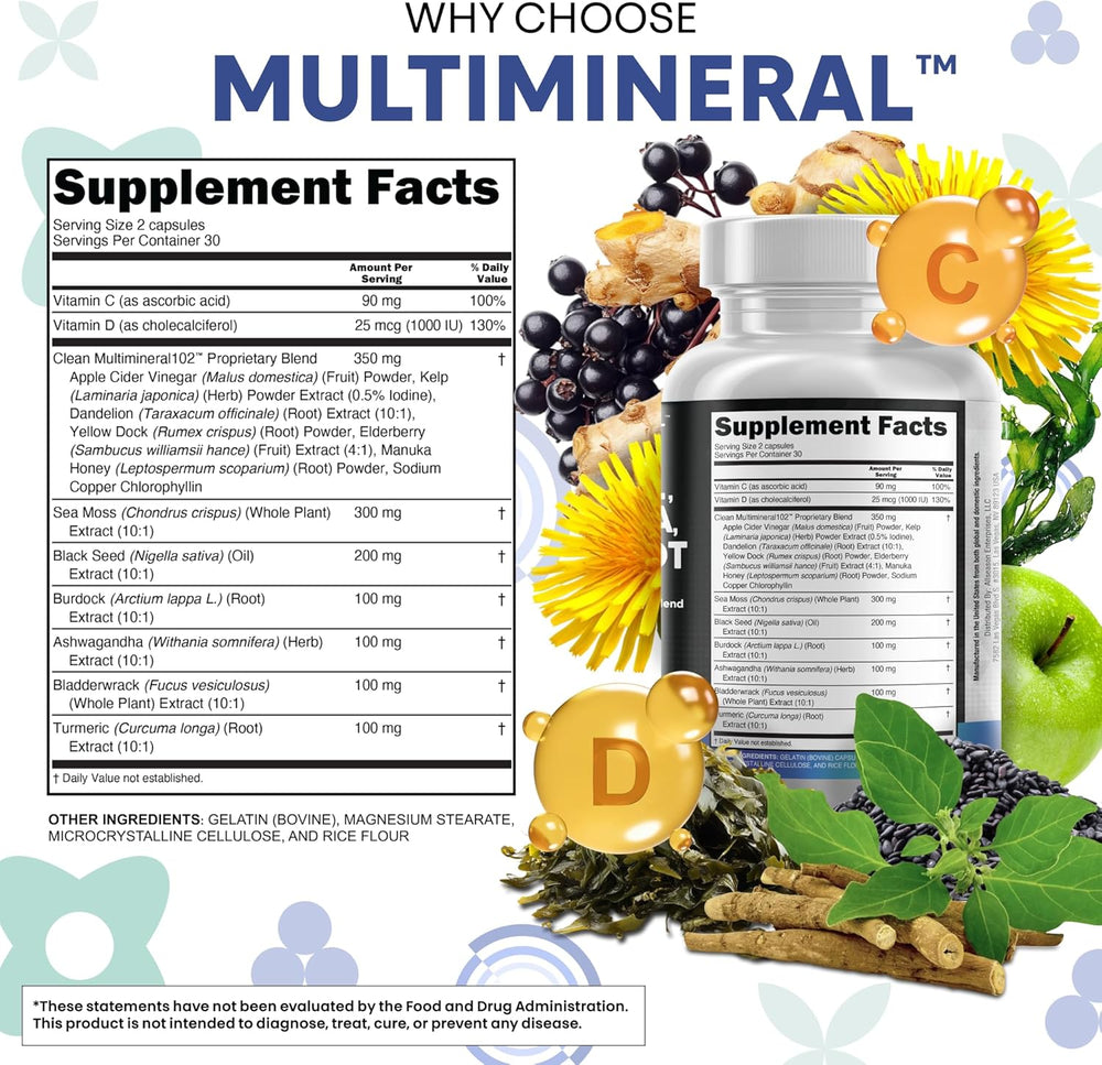 Sea Moss Black Seed Oil Ashwagandha Burdock Root Supplement | 60 Capsules | All-in-1 MultiMineral™ Blend | Irish Sea Moss, Bladderwrack, Turmeric, Elderberry, Chlorophyll & More | Immune, Energy & Thyroid Support