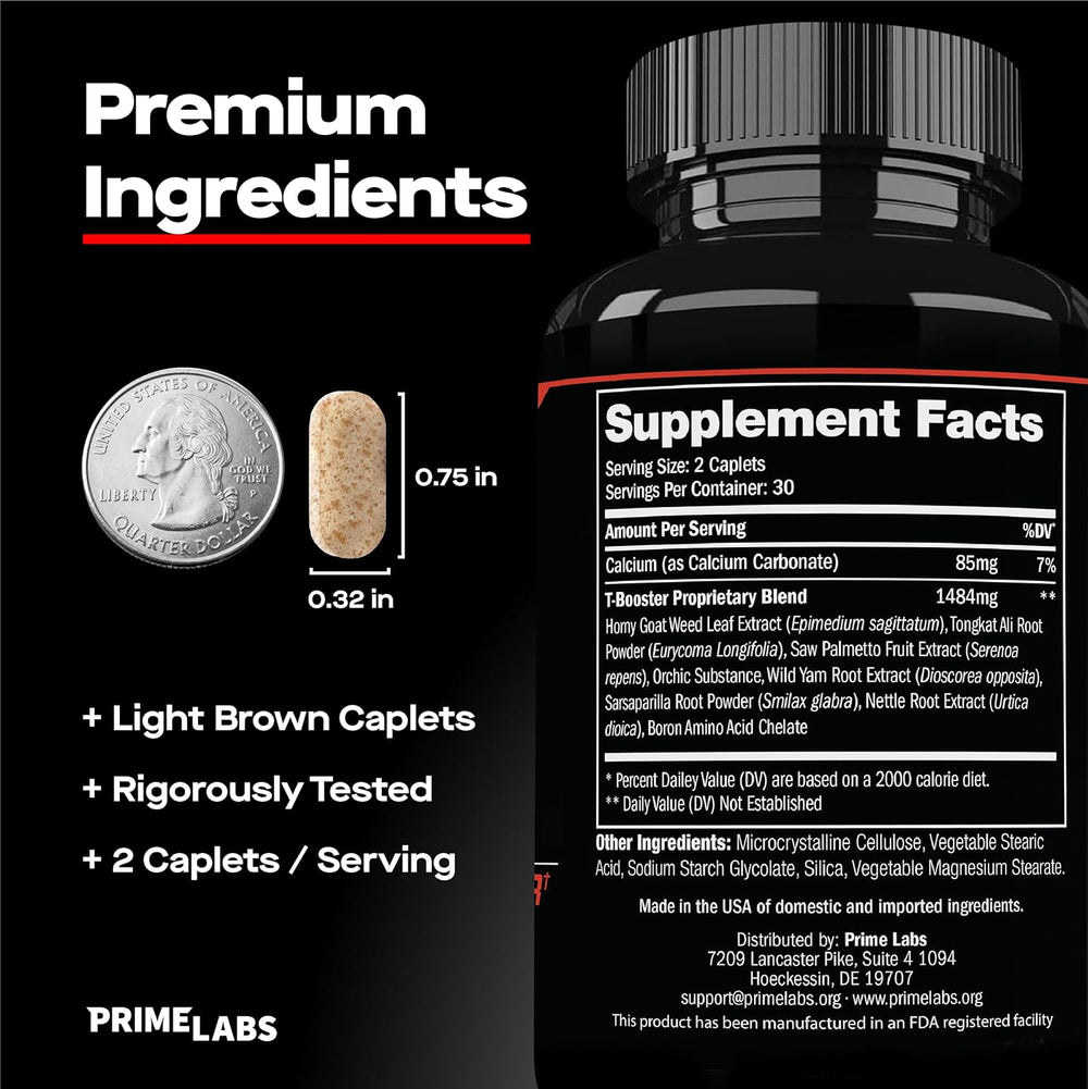 Prime Labs Prime Test Testosterone Booster 3-Pack | 180 Caplets | Natural Stamina, Energy & Strength | Lab Tested | Organic Wellness Hub