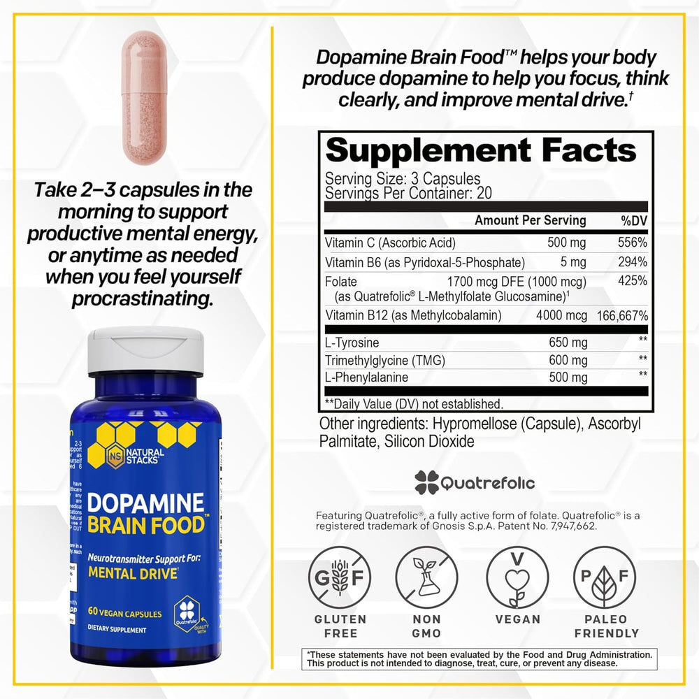 Natural Stacks Dopamine Brain Food-Caffeine-Free Nootropic for Focus & Mental Drive | 60 Vegan Capsules | Organic Wellness Hub