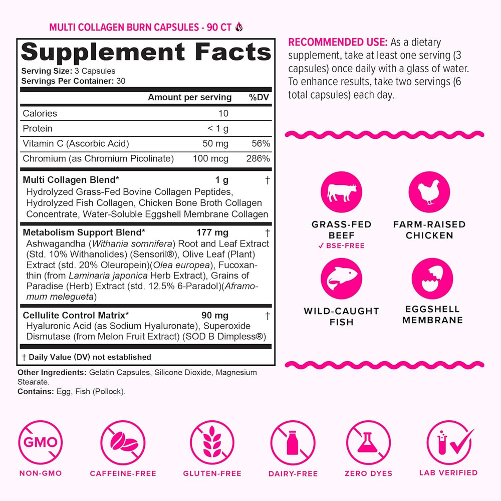 Multi Collagen Burn Capsules 3-Pack (270 Capsules) – Caffeine-Free Metabolism Boost & Visible Cellulite Reduction | Organic Wellness Hub