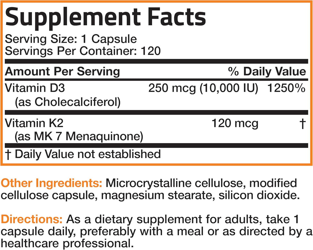Bronson Vitamin K2 + D3 Extra Strength 120 Capsules – Bone, Heart & Immune Support | Organic Wellness Hub