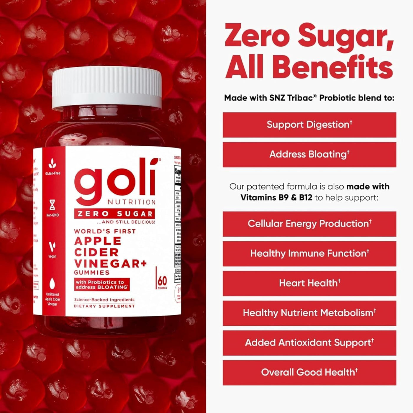 Goli Apple Cider Vinegar Plus Gummies Zero Sugar 3 Pack | 180 Gummies | Worlds First ACV Gummy | With Probiotics for Bloating | Unfiltered ACV | Vegan Non GMO Gluten Free Dietary Supplement