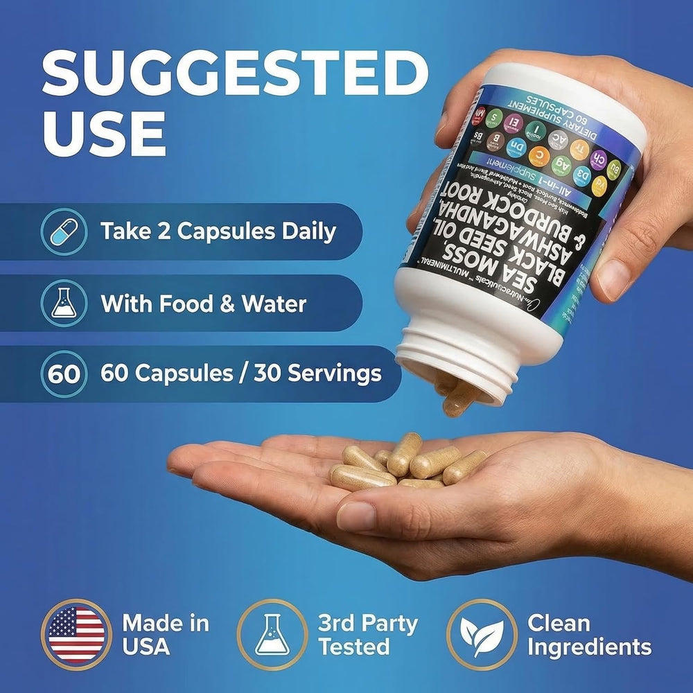 Sea Moss Black Seed Oil Ashwagandha Burdock Root Supplement | 60 Capsules | All-in-1 MultiMineral™ Blend | Irish Sea Moss, Bladderwrack, Turmeric, Elderberry, Chlorophyll & More | Immune, Energy & Thyroid Support