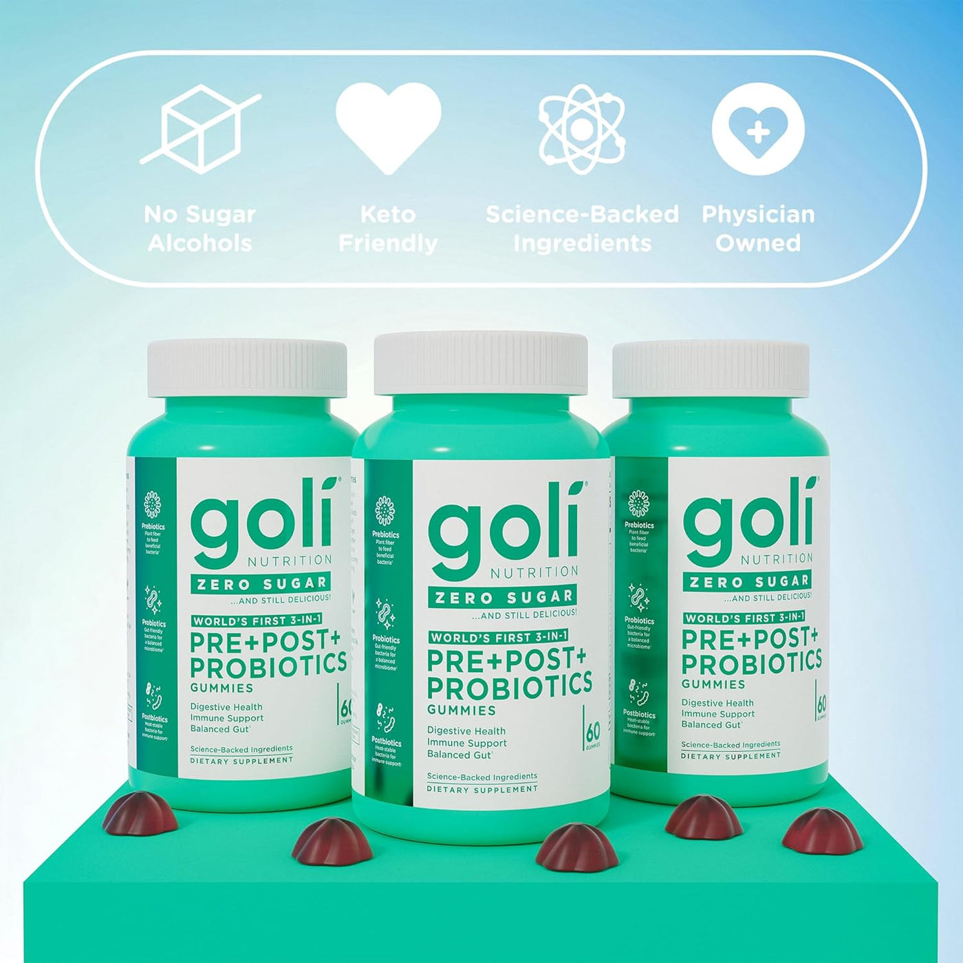 Goli Nutrition Zero Sugar 3-in-1 Pre+Post+Probiotics Gummies — 3-Pack Bundle (180 Gummies) | Lab Tested | Science-Backed | Digestive Health, Immune Support & Balanced Gut Supplement