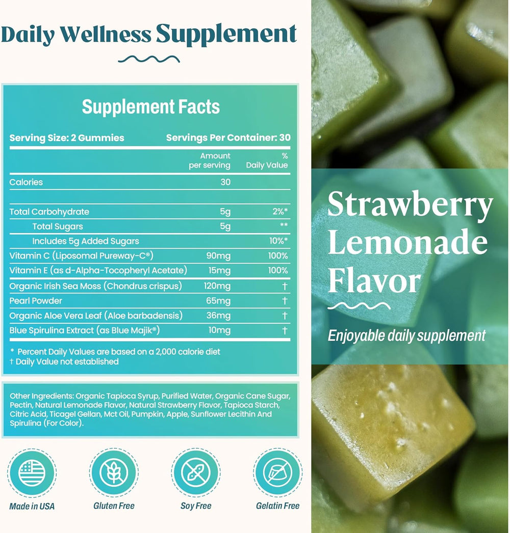 Glow Sea Moss & Pearl Powder Skin & Beauty Gummies | Lemon Berry Beauty Supplement | Organic Wellness Hub