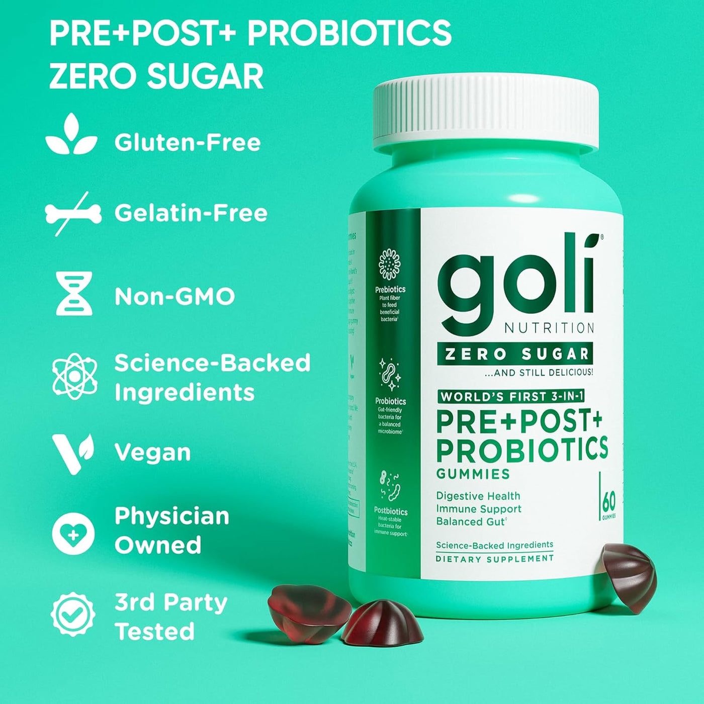 Goli Nutrition Zero Sugar 3-in-1 Pre+Post+Probiotics Gummies — 3-Pack Bundle (180 Gummies) | Lab Tested | Science-Backed | Digestive Health, Immune Support & Balanced Gut Supplement