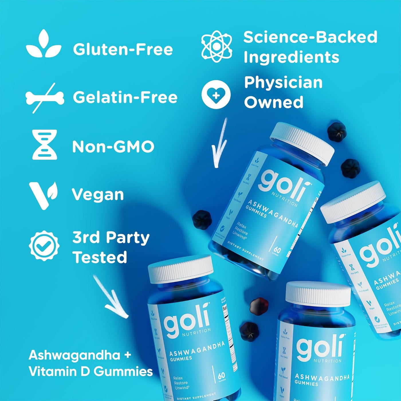 Goli Nutrition Ashwagandha Gummies 3 Pack | 180 Gummies | KSM 66 Clinically Proven | Relax Restore Unwind | Mixed Berry | Stress Relief | Sleep Support | Vegan Non GMO Gluten Free