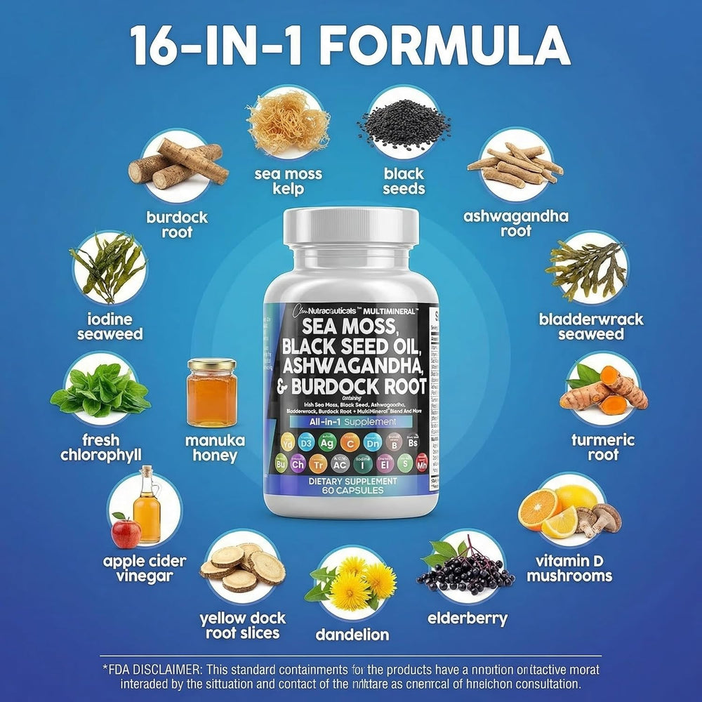 Sea Moss Black Seed Oil Ashwagandha Burdock Root Supplement | 60 Capsules | All-in-1 MultiMineral™ Blend | Irish Sea Moss, Bladderwrack, Turmeric, Elderberry, Chlorophyll & More | Immune, Energy & Thyroid Support