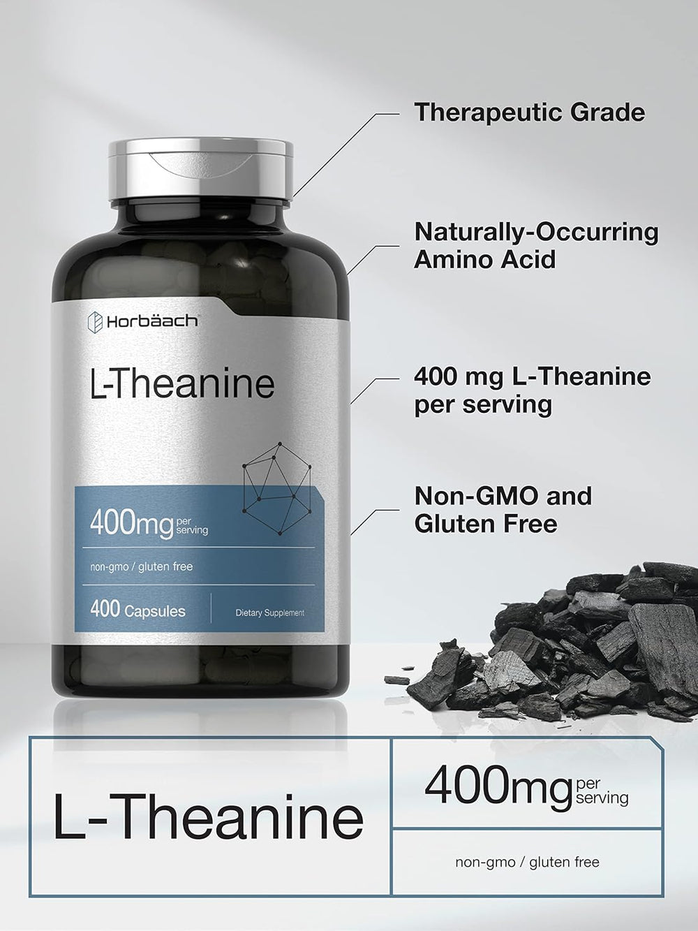 Horbaach L-Theanine 400mg | 400 Capsules | Non-GMO & Gluten Free | Calm Focus & Stress Relief Supplement | Organic Wellness Hub
