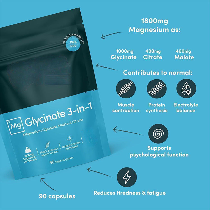 Magnesium Glycinate 3-in-1 1800mg Supplement | 90 Vegan Capsules | Organic Wellness Hub