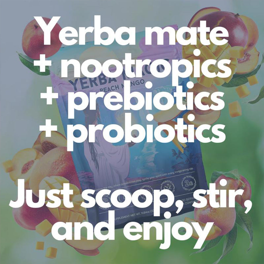 Yerba Magic Peach Mango | 30 Servings | Yerba Mate Energy Powder | No Crash Energy | Healthy Gut Support | Prebiotic and Probiotic | Low Sugar 2g | Dietary Supplement 330g