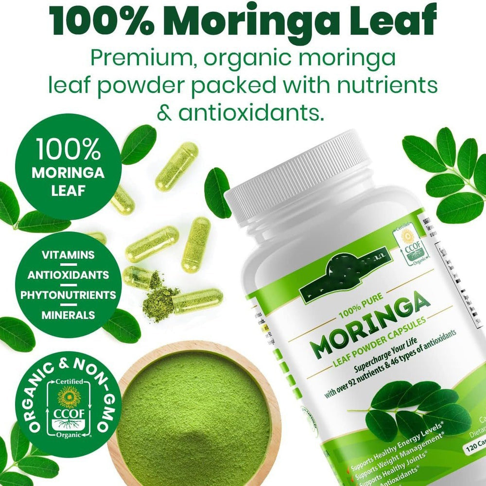 100% Pure Moringa Leaf Powder Capsules 500mg | Organic Wellness Hub
