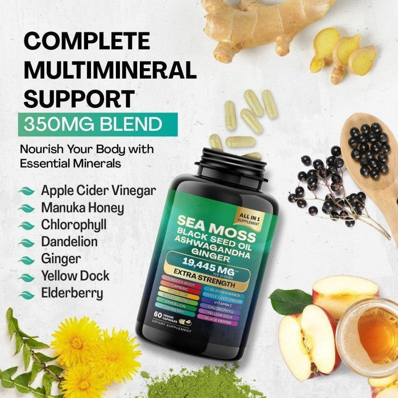 Sea Moss Black Seed Oil Ashwagandha Ginger Capsules 19,445mg - 16-in-1 Wellness Formula | Organic Wellness Hub