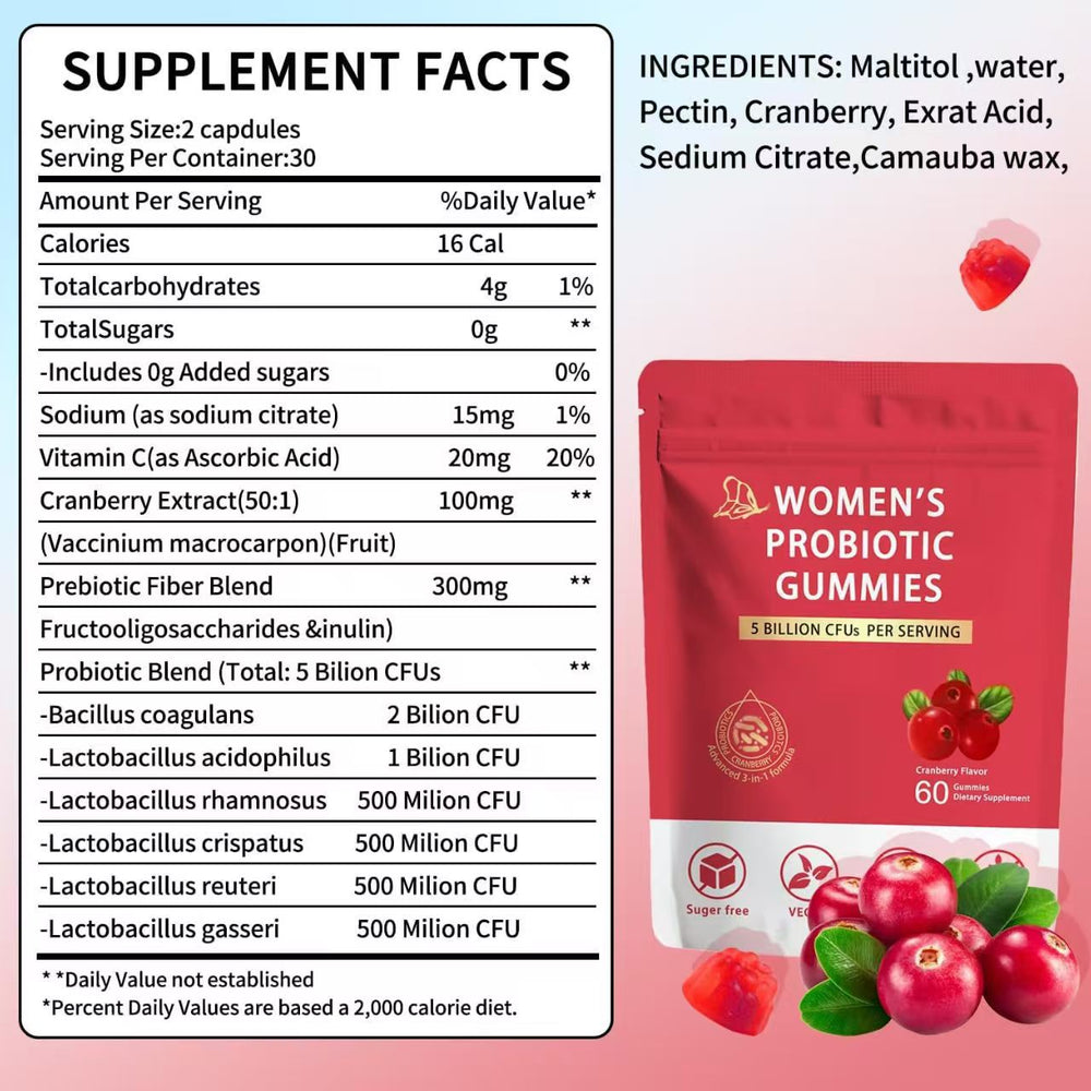 Women's Probiotic Gummies - 5 Billion CFUs | Probiotics + Prebiotics + Cranberry | No Sugar | Vegan | Non-GMO | 60 Gummies