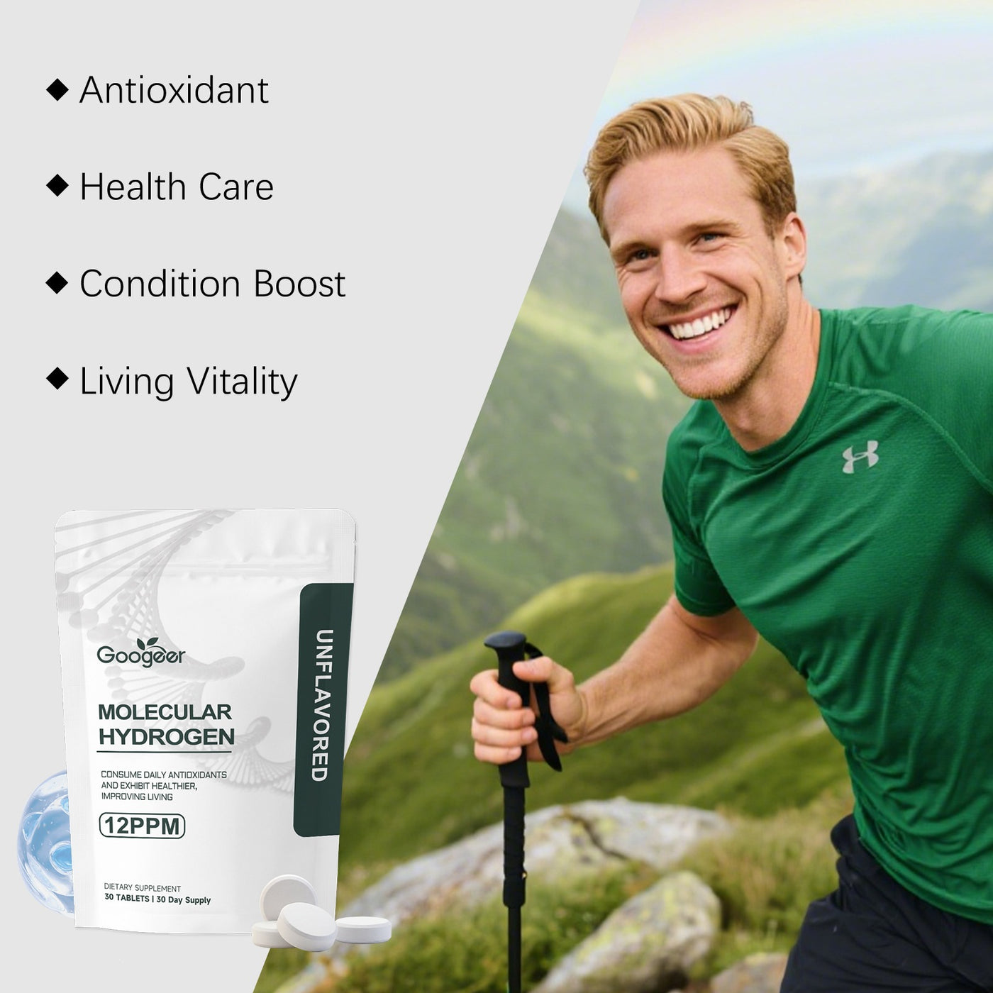 Googeer Molecular Hydrogen Tablets 12PPM - 30 Tablets 30 Day Supply | Daily Antioxidant Supplement Unflavored Dietary Supplement
