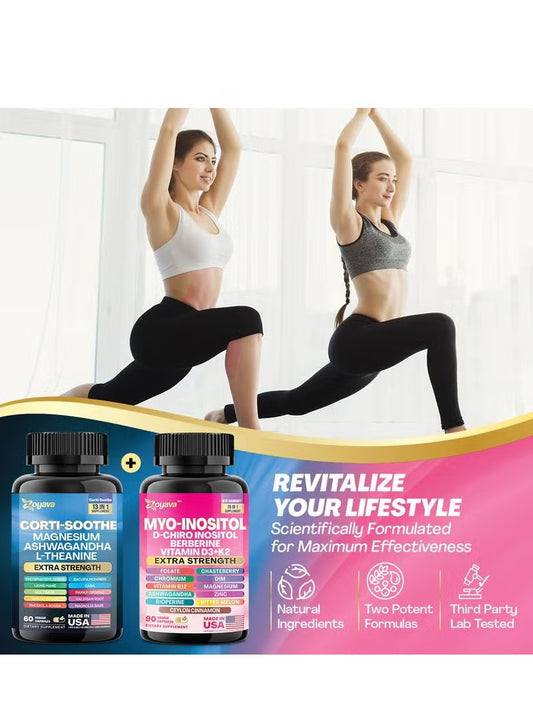 Zoyava Stress + Hormone Bundle | Corti-Soothe 13-in-1 & Myo-Harmony 16-in-1 | Ashwagandha, Myo-Inositol, Berberine | Made in USA | Organic Wellness Hub