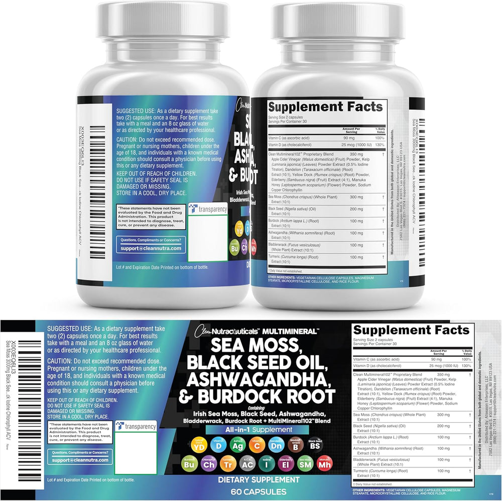 Sea Moss Black Seed Oil Ashwagandha Burdock Root Supplement | 60 Capsules | All-in-1 MultiMineral™ Blend | Irish Sea Moss, Bladderwrack, Turmeric, Elderberry, Chlorophyll & More | Immune, Energy & Thyroid Support