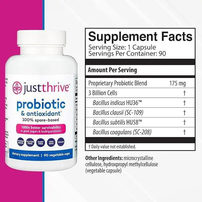 Just Thrive Probiotic & Antioxidant 3-Pack Bundle — 100% Spore-Based | 270 Veggie Caps | Best Value Gut Health Supplement | Lab Tested