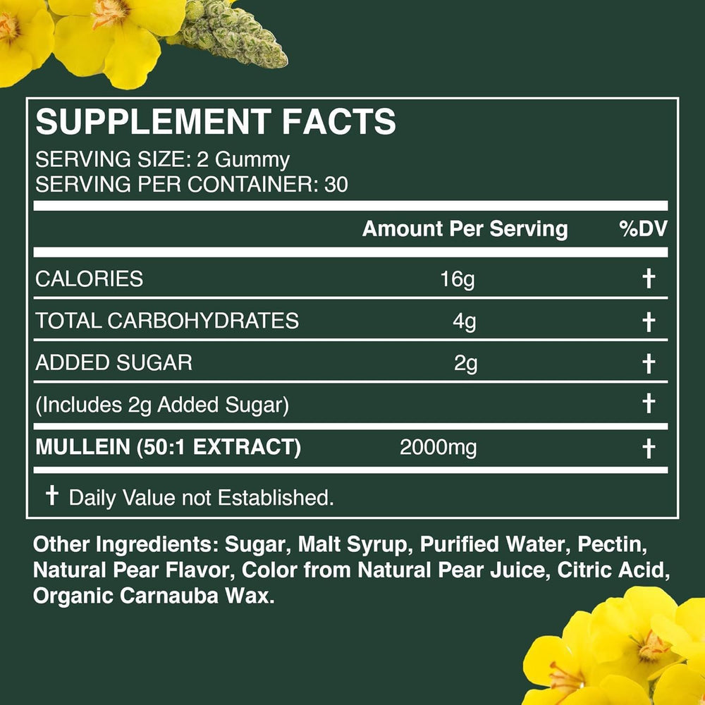 Mullein Gummies for Lung Support & Detox - Natural Pear Flavor Dietary Supplement 60 Gummies | Organic Wellness Hub