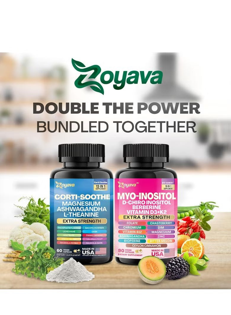 Zoyava Stress + Hormone Bundle | Corti-Soothe 13-in-1 & Myo-Harmony 16-in-1 | Ashwagandha, Myo-Inositol, Berberine | Made in USA | Organic Wellness Hub