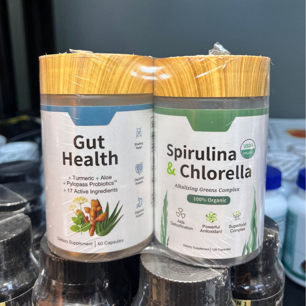 Gut Health + Spirulina & Chlorella Combo Bundle | 60 + 120 Capsules | Turmeric, Probiotics, USDA Organic Greens | Organic Wellness Hub