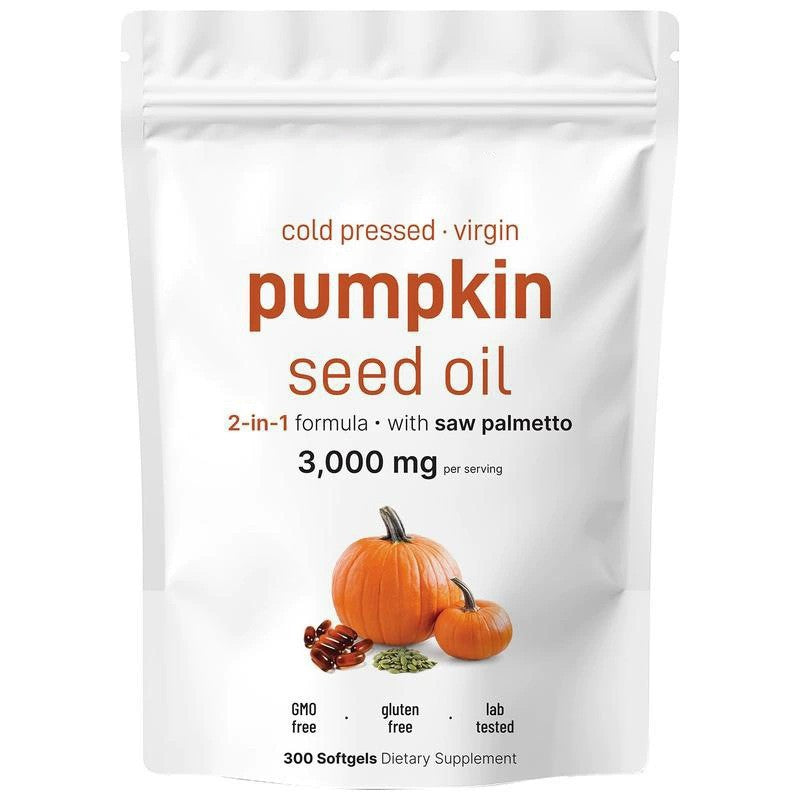 Organic Pumpkin Seed Oil Softgels 3000mg - Cold Pressed Virgin 2-in-1 Formula with Saw Palmetto | 300 Capsules | GMO-Free, Gluten-Free, Lab Tested | Organic Wellness Hub